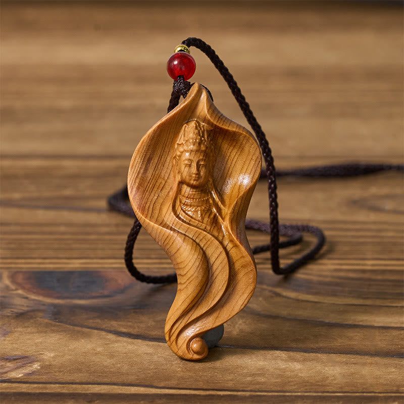 Buddha Stones Guanyin Kwan Yin Avalokiteśvara Feuille de Lotus Platycladus Orientalis Collier Pendentif de richesse en bois - image 1