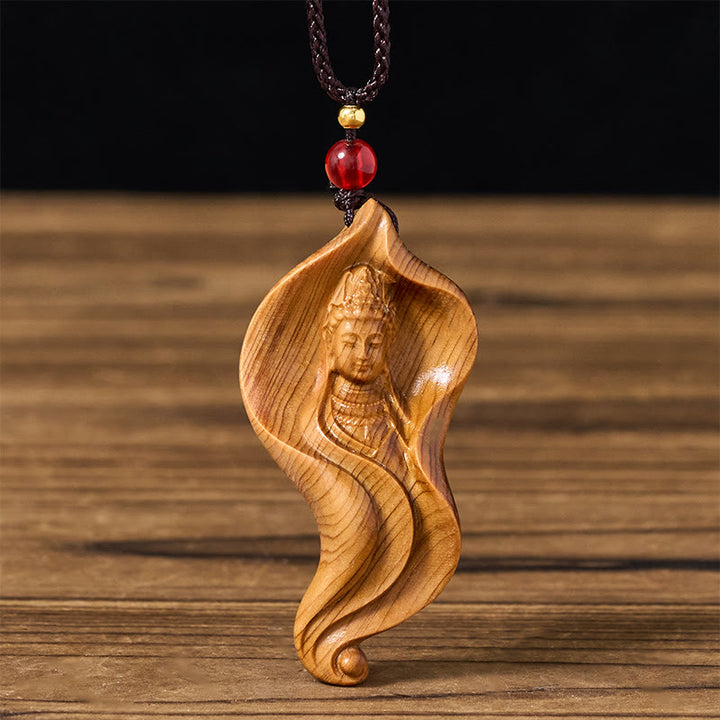 Buddha Stones Guanyin Kwan Yin Avalokiteśvara Feuille de Lotus Platycladus Orientalis Collier Pendentif de richesse en bois - Avalokiteśvara - image 0