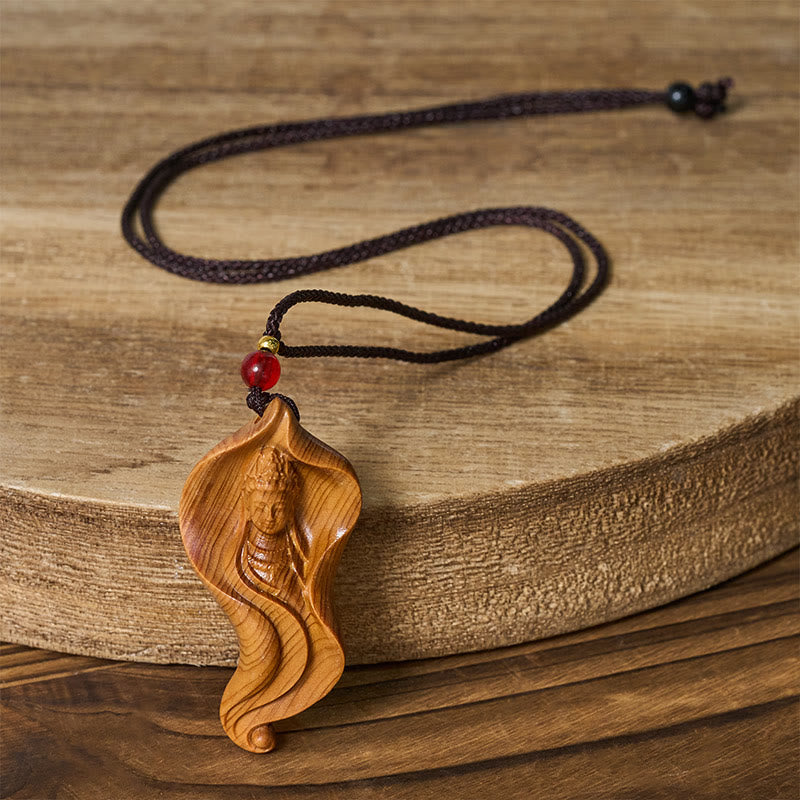 Buddha Stones Guanyin Kwan Yin Avalokiteśvara Feuille de Lotus Platycladus Orientalis Collier Pendentif de richesse en bois - image 5