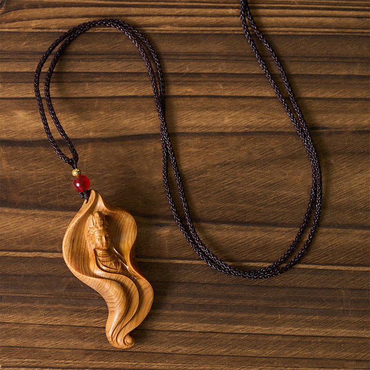 Buddha Stones Guanyin Kwan Yin Avalokiteśvara Feuille de Lotus Platycladus Orientalis Collier Pendentif de richesse en bois - image 4