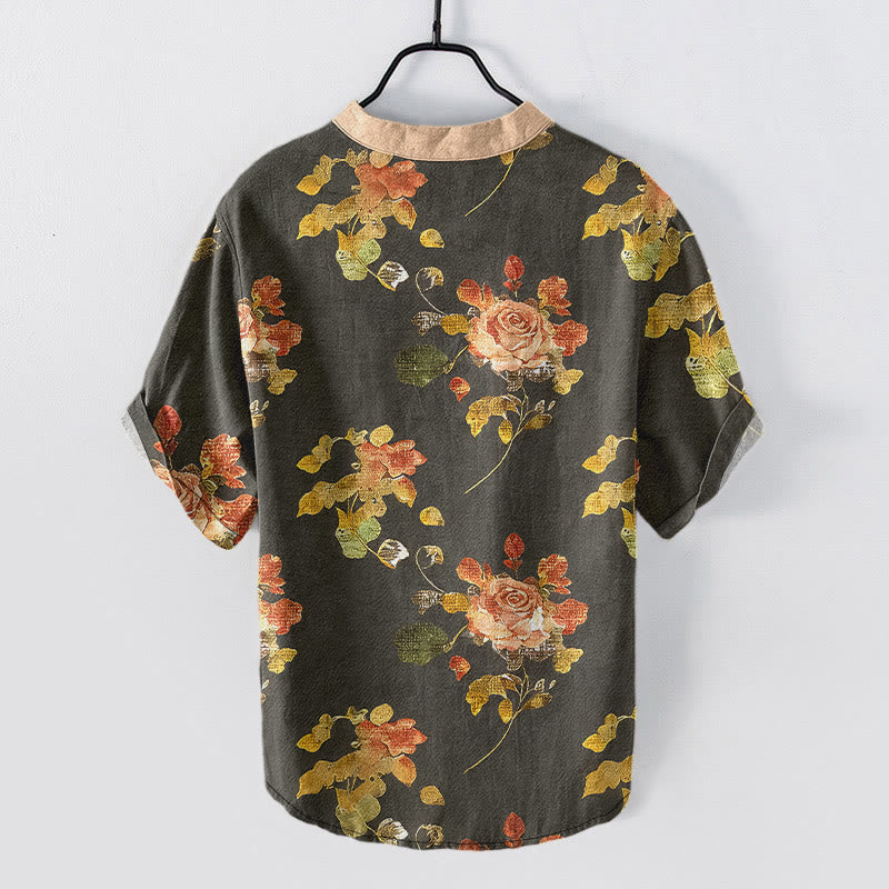 Buddha Stones Chemise homme à manches courtes et demi-boutonnages, motif jardin de roses vintage, en pur coton. - image 1