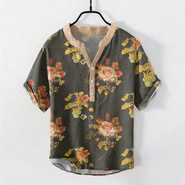 Buddha Stones Chemise homme à manches courtes et demi-boutonnages, motif jardin de roses vintage, en pur coton. - Gris - US/UK/AU50，EU60 (5XL) - image 0