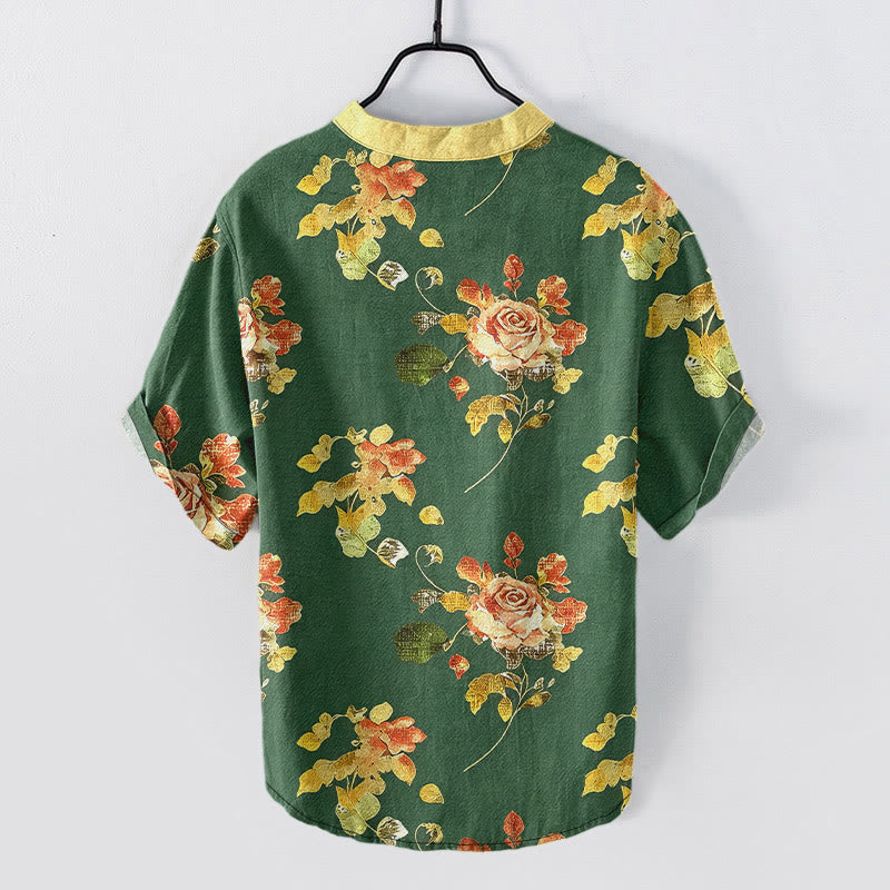 Buddha Stones Chemise homme à manches courtes et demi-boutonnages, motif jardin de roses vintage, en pur coton. - image 6
