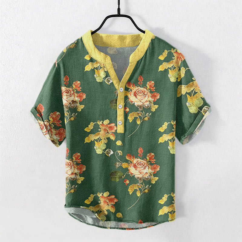 Buddha Stones Chemise homme à manches courtes et demi-boutonnages, motif jardin de roses vintage, en pur coton. - Vert forêt - US/UK/AU50，EU60 (5XL) - image 5