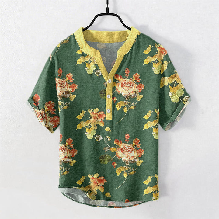 Buddha Stones Chemise homme à manches courtes et demi-boutonnages, motif jardin de roses vintage, en pur coton. - Vert forêt - US/UK/AU50，EU60 (5XL) - image 5