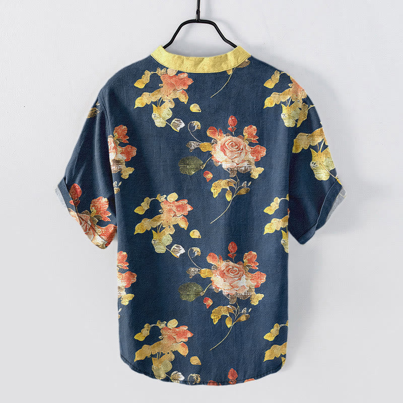Buddha Stones Chemise homme à manches courtes et demi-boutonnages, motif jardin de roses vintage, en pur coton. - image 8