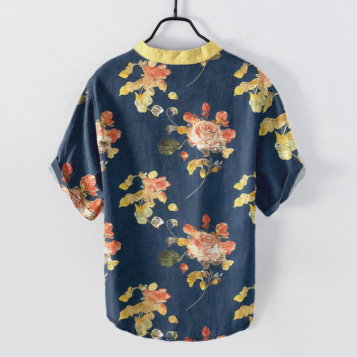 Buddha Stones Chemise homme à manches courtes et demi-boutonnages, motif jardin de roses vintage, en pur coton. - image 8