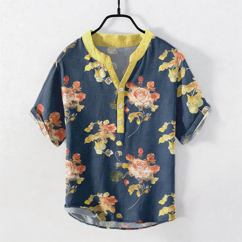 Buddha Stones Chemise homme à manches courtes et demi-boutonnages, motif jardin de roses vintage, en pur coton. - Marine - US/UK/AU50，EU60 (5XL) - image 7