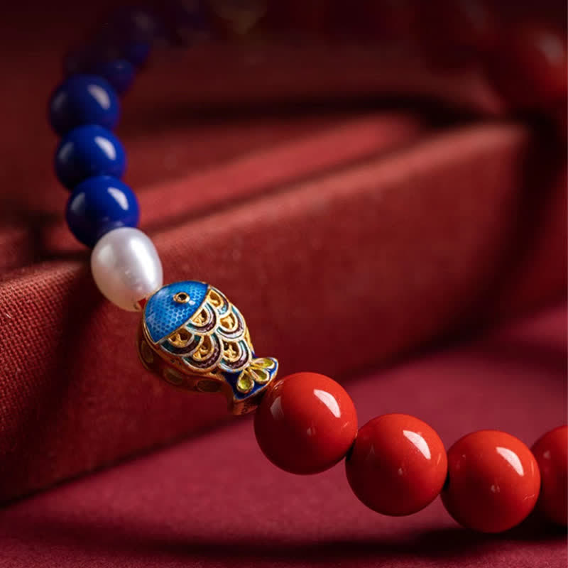 Buddha Stones Bracelet de perles en cinabre, lapis-lazuli, carpe koï, Ruyi, nuage, porte-bonheur - image 9
