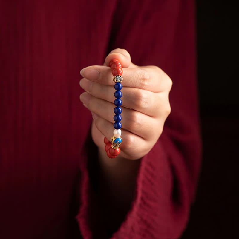 Buddha Stones Bracelet de perles en cinabre, lapis-lazuli, carpe koï, Ruyi, nuage, porte-bonheur - image 10