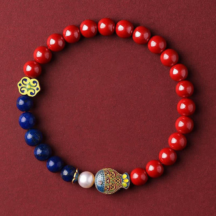 Buddha Stones Bracelet de perles en cinabre, lapis-lazuli, carpe koï, Ruyi, nuage, porte-bonheur - Cinabre impérial (Tour de poignet 14-15 cm) - image 8