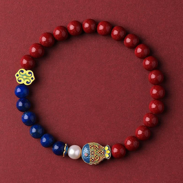 Buddha Stones Bracelet de perles en cinabre, lapis-lazuli, carpe koï, Ruyi, nuage, porte-bonheur - Cinabre (Tour de poignet 14-15 cm) - image 0