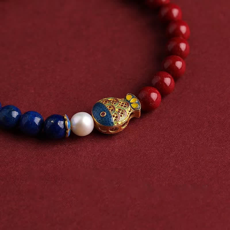 Buddha Stones Bracelet de perles en cinabre, lapis-lazuli, carpe koï, Ruyi, nuage, porte-bonheur - image 1