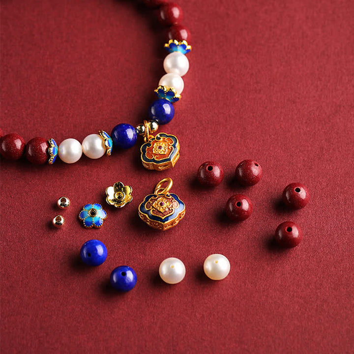 Buddha Stones Bracelet porte-bonheur en cinabre et lapis-lazuli avec breloque cadenas chinois - image 7