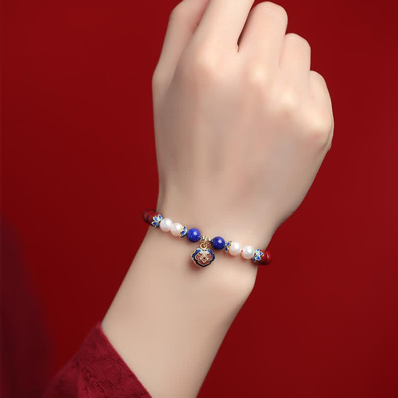 Buddha Stones Bracelet porte-bonheur en cinabre et lapis-lazuli avec breloque cadenas chinois - image 4