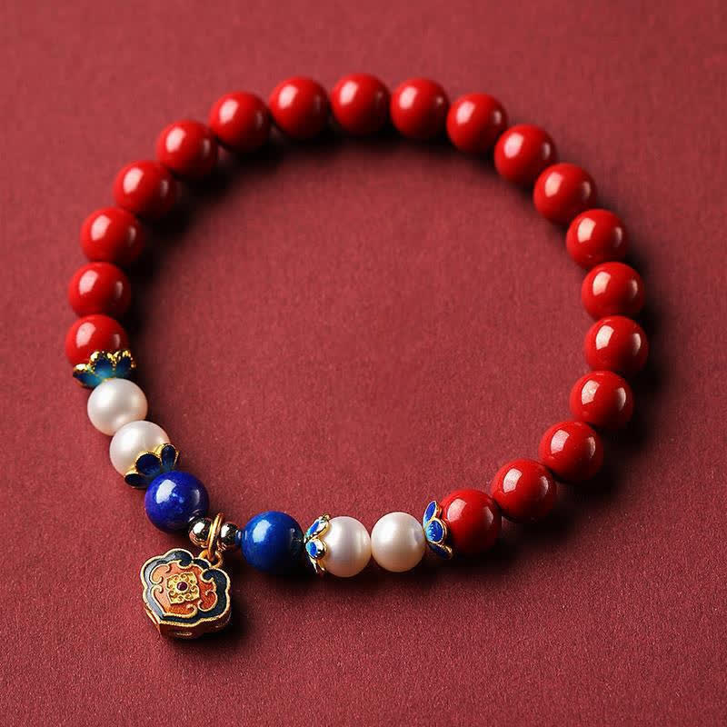 Buddha Stones Bracelet porte-bonheur en cinabre et lapis-lazuli avec breloque cadenas chinois - image 10