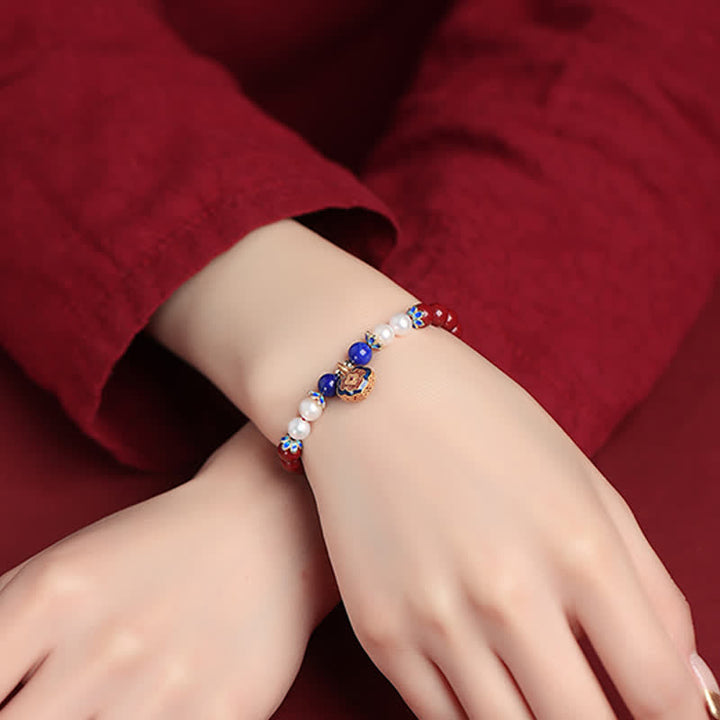 Buddha Stones Bracelet porte-bonheur en cinabre et lapis-lazuli avec breloque cadenas chinois - image 5
