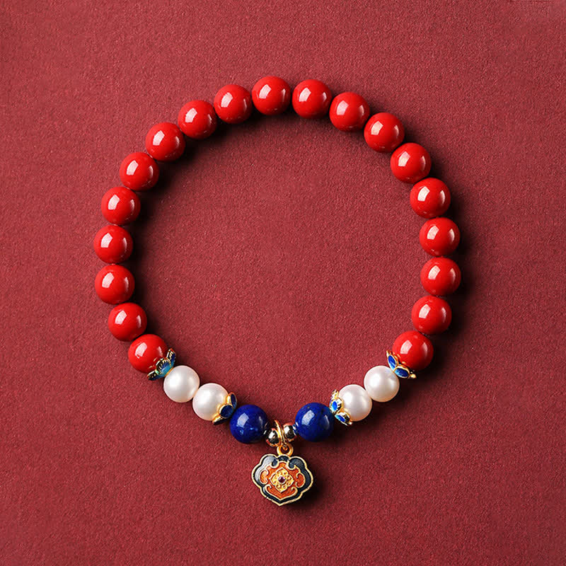 Buddha Stones Bracelet porte-bonheur en cinabre et lapis-lazuli avec breloque cadenas chinois - Cinabre impérial (Tour de poignet 14-15 cm) - image 9