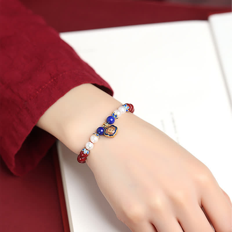 Buddha Stones Bracelet porte-bonheur en cinabre et lapis-lazuli avec breloque cadenas chinois - image 3