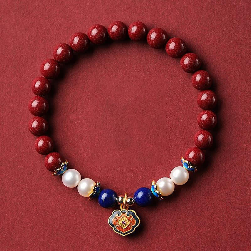Buddha Stones Bracelet porte-bonheur en cinabre et lapis-lazuli avec breloque cadenas chinois - Cinabre (Tour de poignet 14-15 cm) - image 0