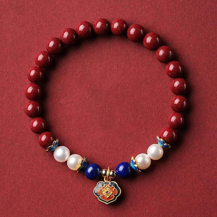 Buddha Stones Bracelet porte-bonheur en cinabre et lapis-lazuli avec breloque cadenas chinois - Cinabre (Tour de poignet 14-15 cm) - image 0