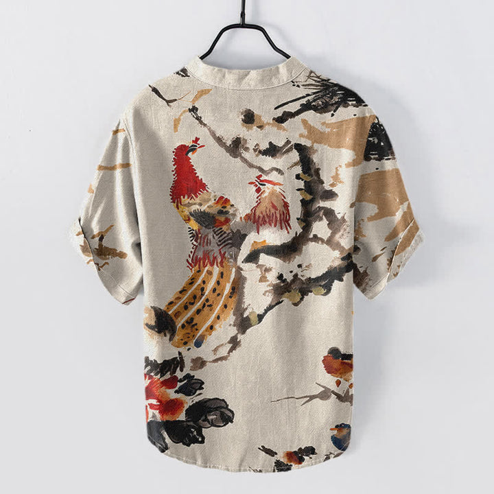 Buddha Stones Chemise homme à manches courtes et demi-boutonnée, motif floral coq en coton - image 1