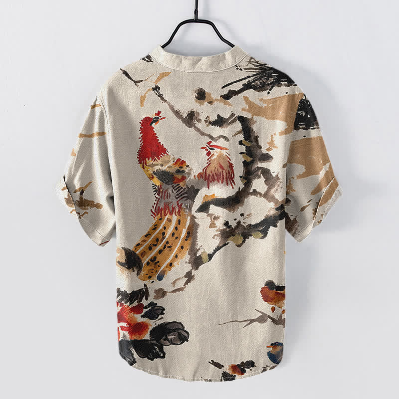Buddha Stones Chemise homme à manches courtes et demi-boutonnée, motif floral coq en coton - image 1