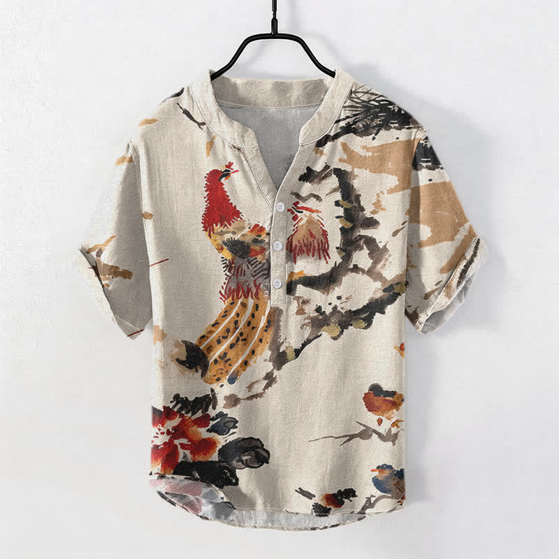 Buddha Stones Chemise homme à manches courtes et demi-boutonnée, motif floral coq en coton - Lin - US/UK/AU50，EU60 (5XL) - image 0