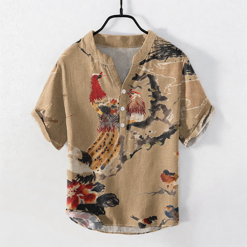 Buddha Stones Chemise homme à manches courtes et demi-boutonnée, motif floral coq en coton - Tanné - US/UK/AU50，EU60 (5XL) - image 3