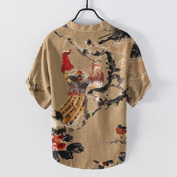 Buddha Stones Chemise homme à manches courtes et demi-boutonnée, motif floral coq en coton - image 4