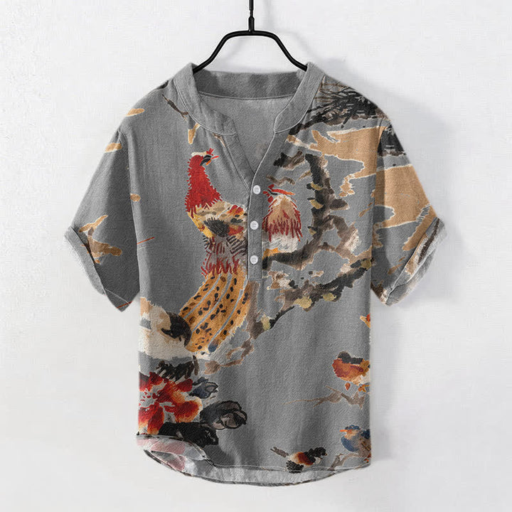 Buddha Stones Chemise homme à manches courtes et demi-boutonnée, motif floral coq en coton - Gris foncé - US/UK/AU50，EU60 (5XL) - image 5