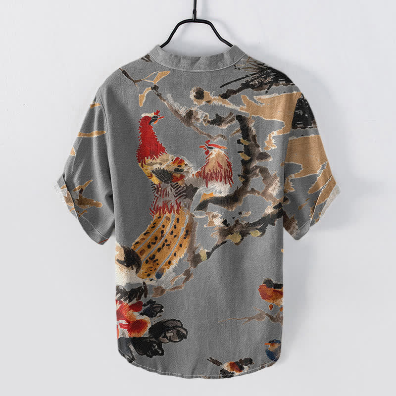 Buddha Stones Chemise homme à manches courtes et demi-boutonnée, motif floral coq en coton - image 6