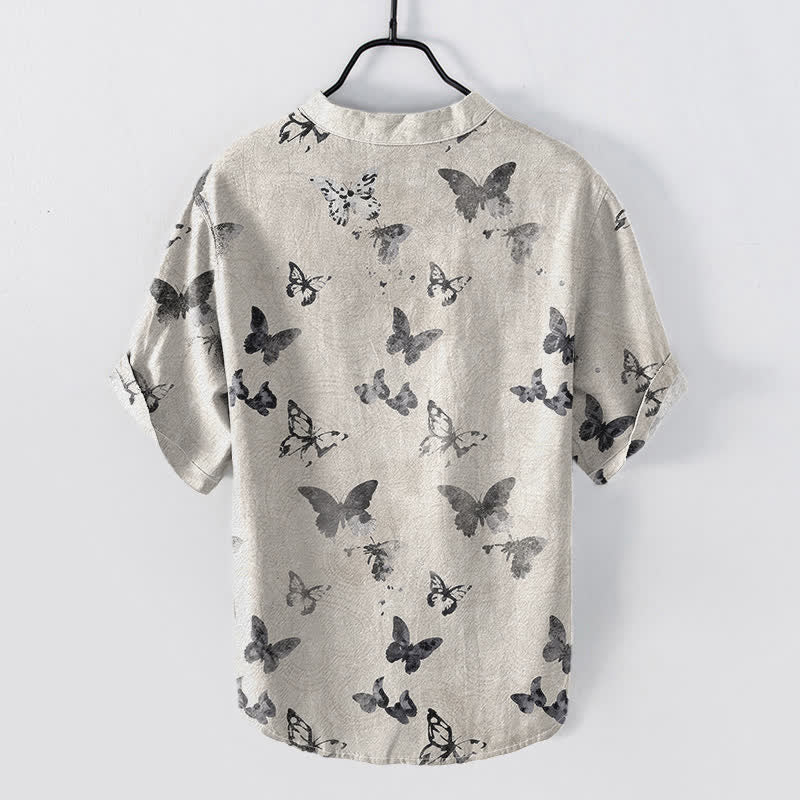 Buddha Stones Chemise homme à manches courtes et demi-boutonnages, motif papillon en coton - image 3