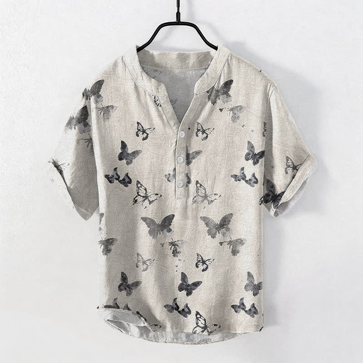 Buddha Stones Chemise homme à manches courtes et demi-boutonnages, motif papillon en coton - Lin - US/UK/AU50，EU60 (5XL) - image 2