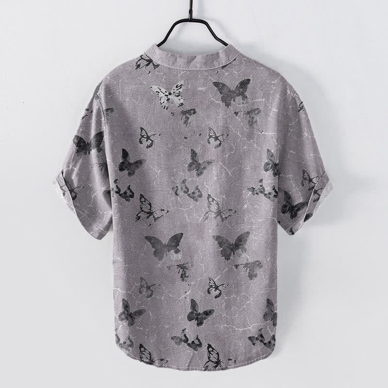 Buddha Stones Chemise homme à manches courtes et demi-boutonnages, motif papillon en coton - image 1