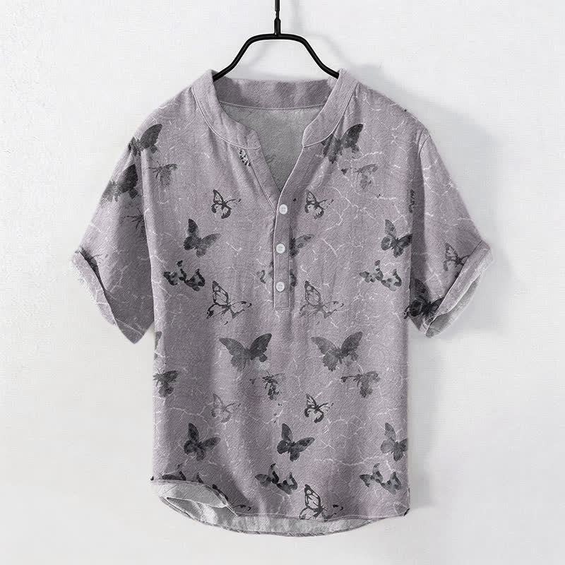 Buddha Stones Chemise homme à manches courtes et demi-boutonnages, motif papillon en coton - Chardon - US/UK/AU50，EU60 (5XL) - image 0