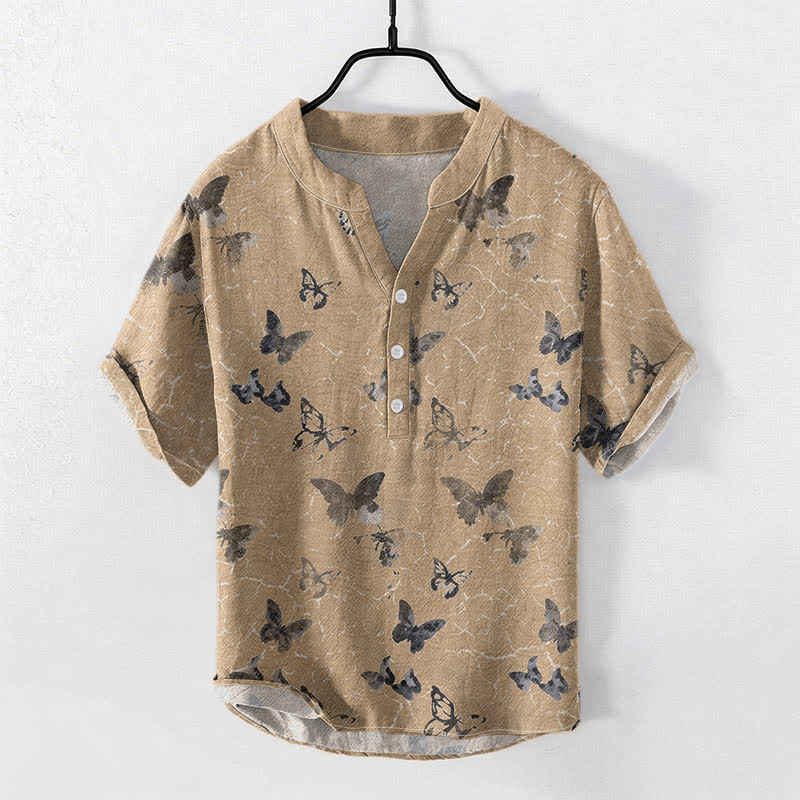 Buddha Stones Chemise homme à manches courtes et demi-boutonnages, motif papillon en coton - Tanné - US/UK/AU50，EU60 (5XL) - image 5