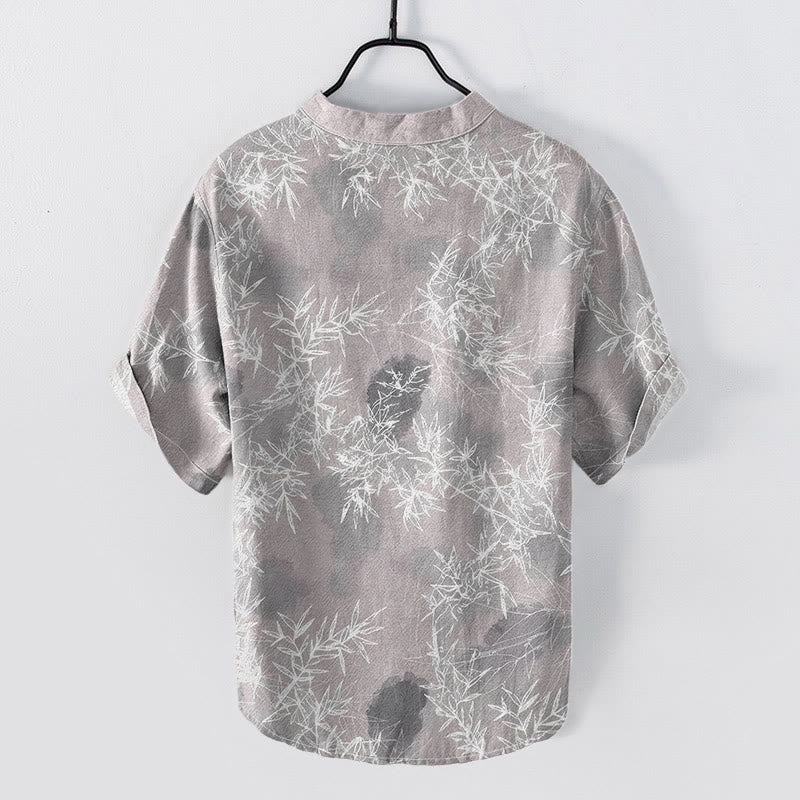 Buddha Stones Chemise homme à manches courtes et demi-boutonnages, motif feuilles de bambou en coton - image 1