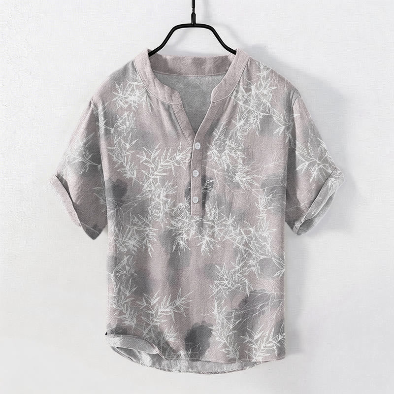 Buddha Stones Chemise homme à manches courtes et demi-boutonnages, motif feuilles de bambou en coton - Gris clair - US/UK/AU50，EU60 (5XL) - image 0