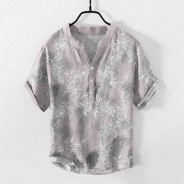 Buddha Stones Chemise homme à manches courtes et demi-boutonnages, motif feuilles de bambou en coton - Gris clair - US/UK/AU50，EU60 (5XL) - image 0