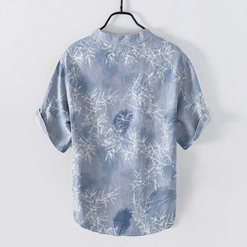 Buddha Stones Chemise homme à manches courtes et demi-boutonnages, motif feuilles de bambou en coton - image 4