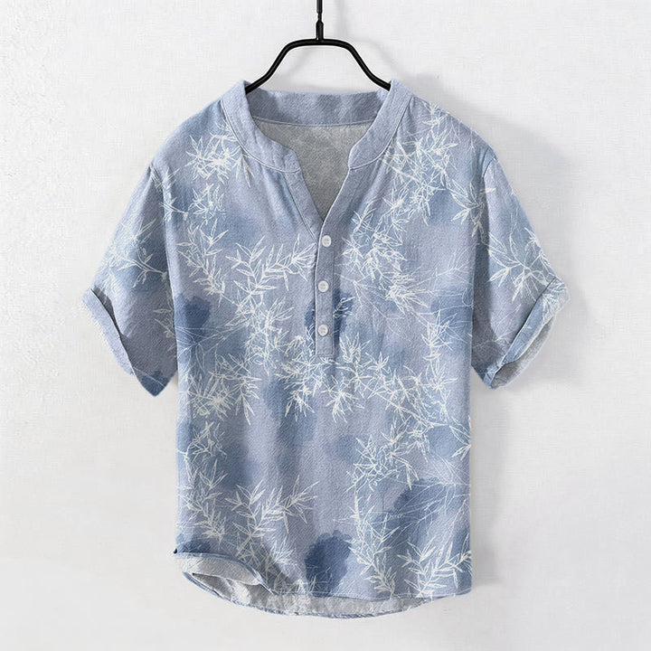 Buddha Stones Chemise homme à manches courtes et demi-boutonnages, motif feuilles de bambou en coton - Bleu acier clair - US/UK/AU50，EU60 (5XL) - image 3