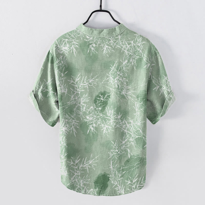 Buddha Stones Chemise homme à manches courtes et demi-boutonnages, motif feuilles de bambou en coton - image 6