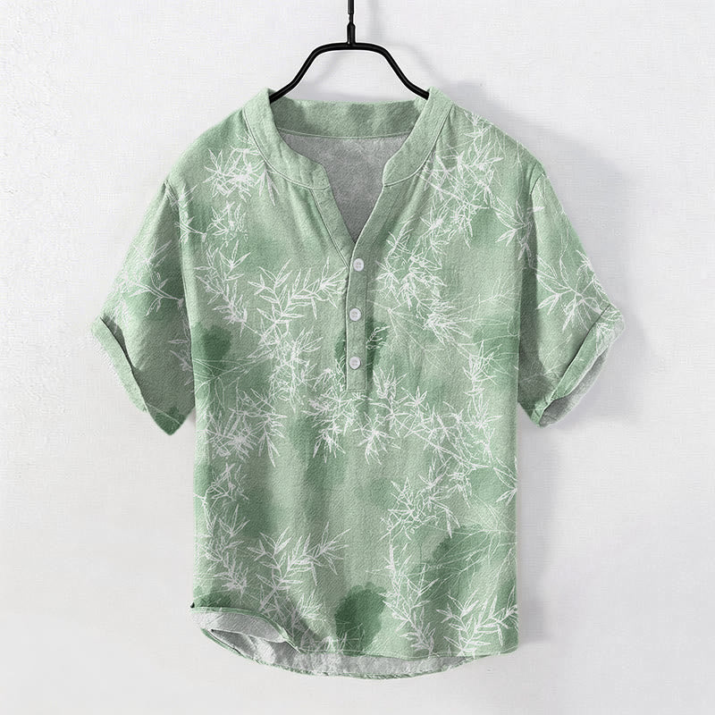 Buddha Stones Chemise homme à manches courtes et demi-boutonnages, motif feuilles de bambou en coton - Vert clair - US/UK/AU50，EU60 (5XL) - image 5