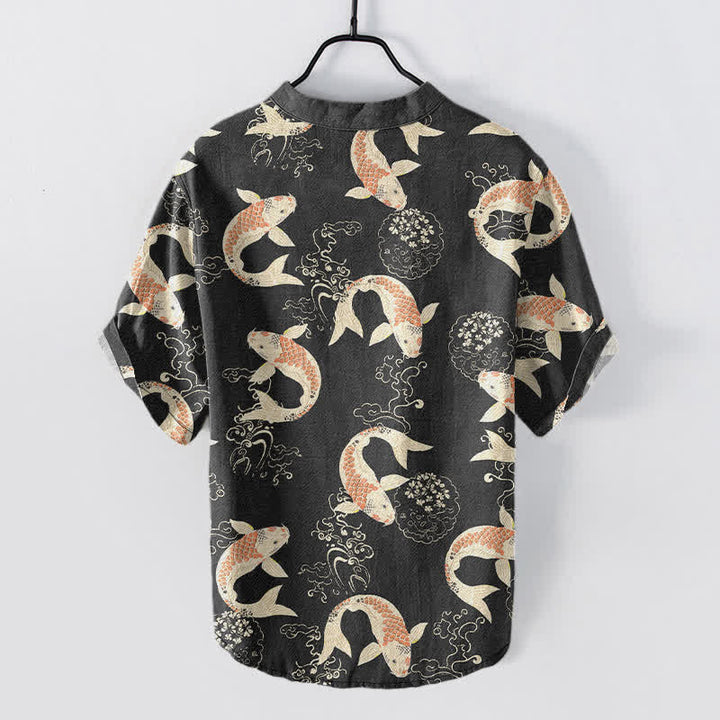 Buddha Stones Chemise à manches courtes et demi-boutonnée pour homme, motif vagues de carpes koï en coton - image 1