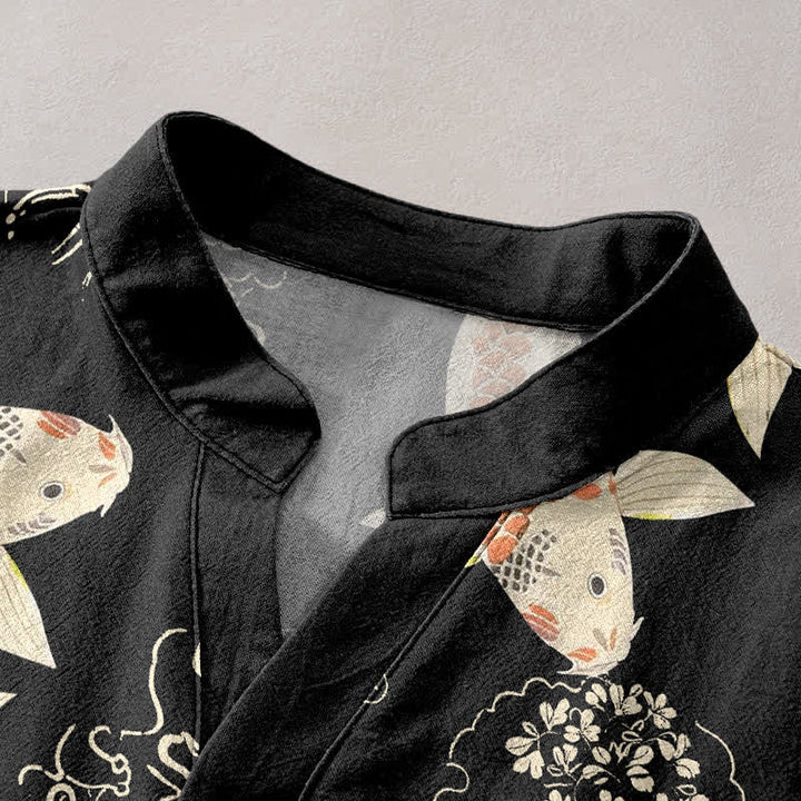 Buddha Stones Chemise à manches courtes et demi-boutonnée pour homme, motif vagues de carpes koï en coton - image 2