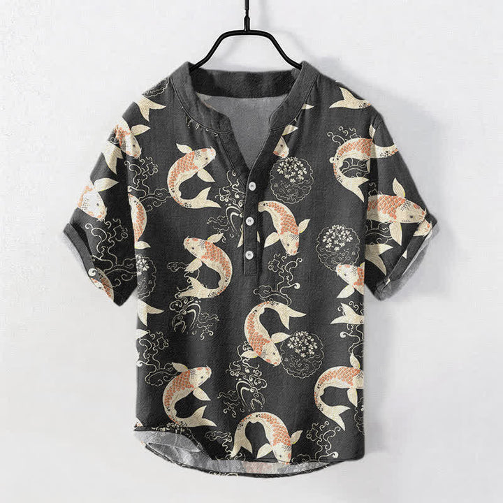 Buddha Stones Chemise à manches courtes et demi-boutonnée pour homme, motif vagues de carpes koï en coton - Noir - US/UK/AU50，EU60 (5XL) - image 0