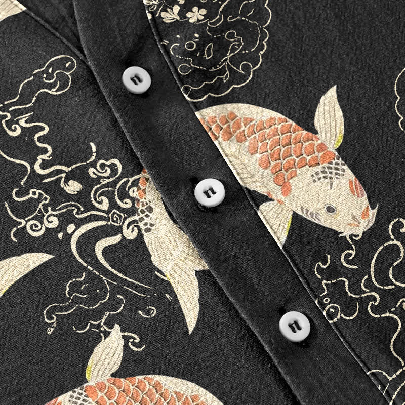 Buddha Stones Chemise à manches courtes et demi-boutonnée pour homme, motif vagues de carpes koï en coton - image 3