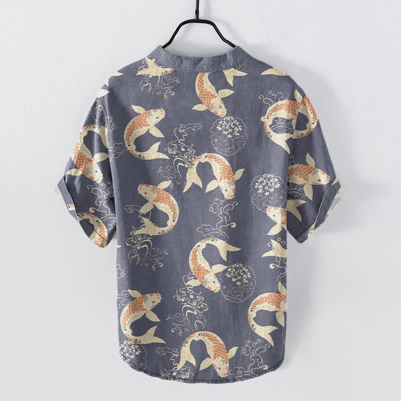 Buddha Stones Chemise à manches courtes et demi-boutonnée pour homme, motif vagues de carpes koï en coton - image 6
