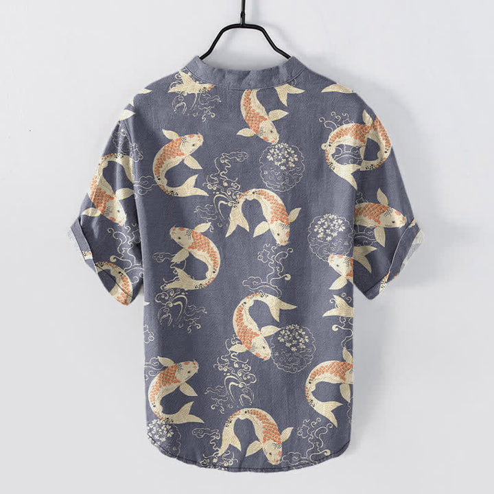 Buddha Stones Chemise à manches courtes et demi-boutonnée pour homme, motif vagues de carpes koï en coton - image 6